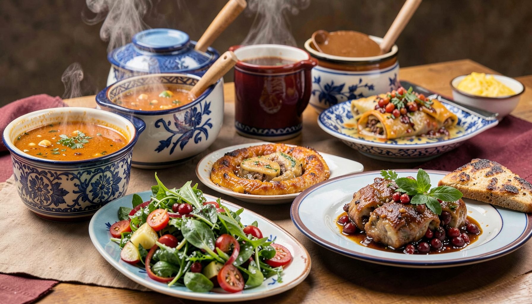 Renkli seramik kaselerde sunulmuş çeşit çeşit yemekler; buharda tüten bir çorba, zeytinyağlı dolma, taze salata ve nar taneleriyle süslenmiş bir tabak.